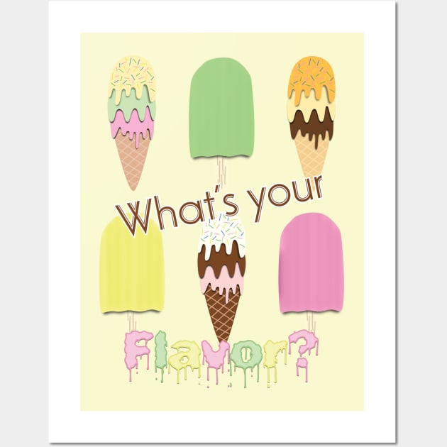 What's Your Flavor? Cute Ice Cream Cones & Popsicle Ice Block Sticks on Yellow Wall Art by karenmcfarland13